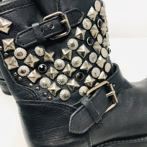 ASH 38 Black Leather Studs Moto Biker Boots 2400-502-12220