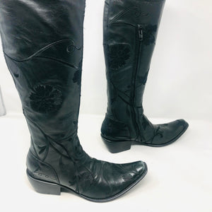 Gianni Barbato 37 Black Leather Embroidered Flower Knee High Boots 11-4-20