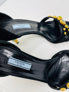 Prada 39 Black Suede Gold Rhinestone Ankle Strap Sandals