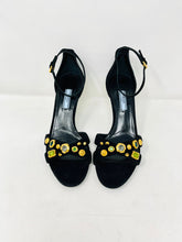 Load image into Gallery viewer, Prada 39 Black Suede Gold Rhinestone Ankle Strap Sandals
