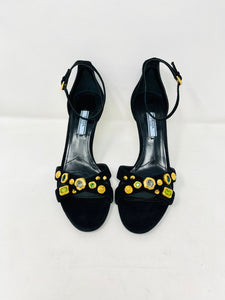 Prada 39 Black Suede Gold Rhinestone Ankle Strap Sandals