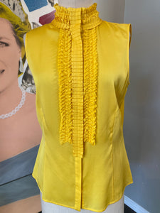 St. John Size 4 Yellow Silk Sleeveless Ruffle Front Blouse NWT