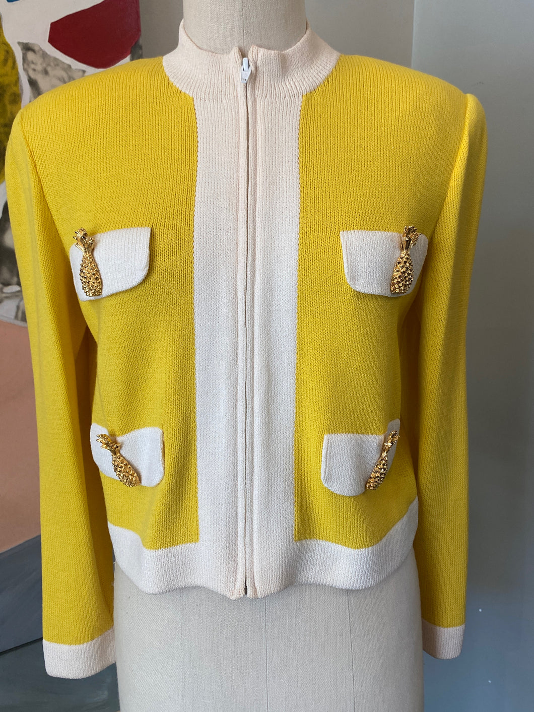 St. John Yellow Santana Knit Boxy Pinapple Button Jacket