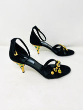 Load image into Gallery viewer, Prada 39 Black Suede Gold Rhinestone Ankle Strap Sandals
