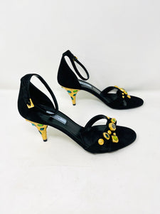 Prada 39 Black Suede Gold Rhinestone Ankle Strap Sandals