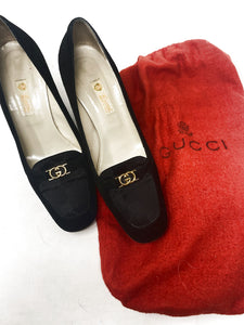 Gucci Black Fabric Suede Trim Pumps Vintage