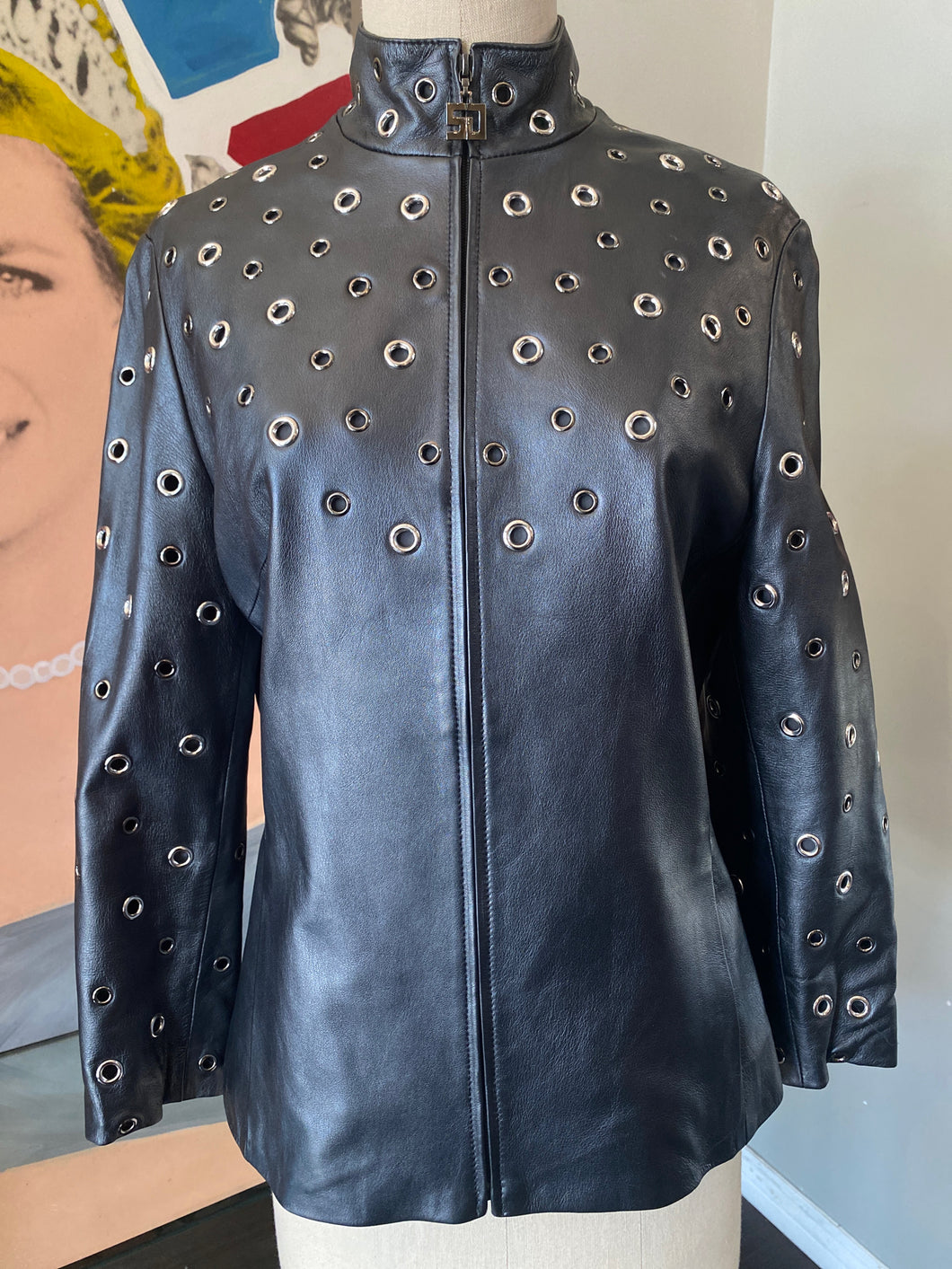 St. John Gunmetal Leather Silver Grommets Jacket