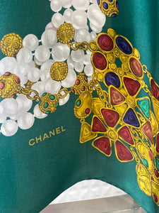 Chanel Green & Gold Pearls Silk  Scarf