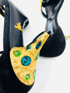 Prada 39 Black Suede Gold Rhinestone Ankle Strap Sandals