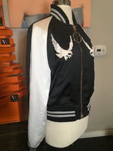 Load image into Gallery viewer, Off-White Black Satin Virgil Abloh Bomber Crain Eagle Jacket 2400-99-12119
