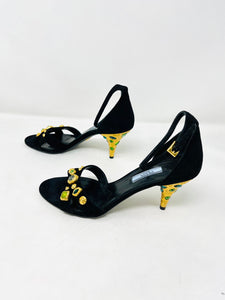 Prada 39 Black Suede Gold Rhinestone Ankle Strap Sandals