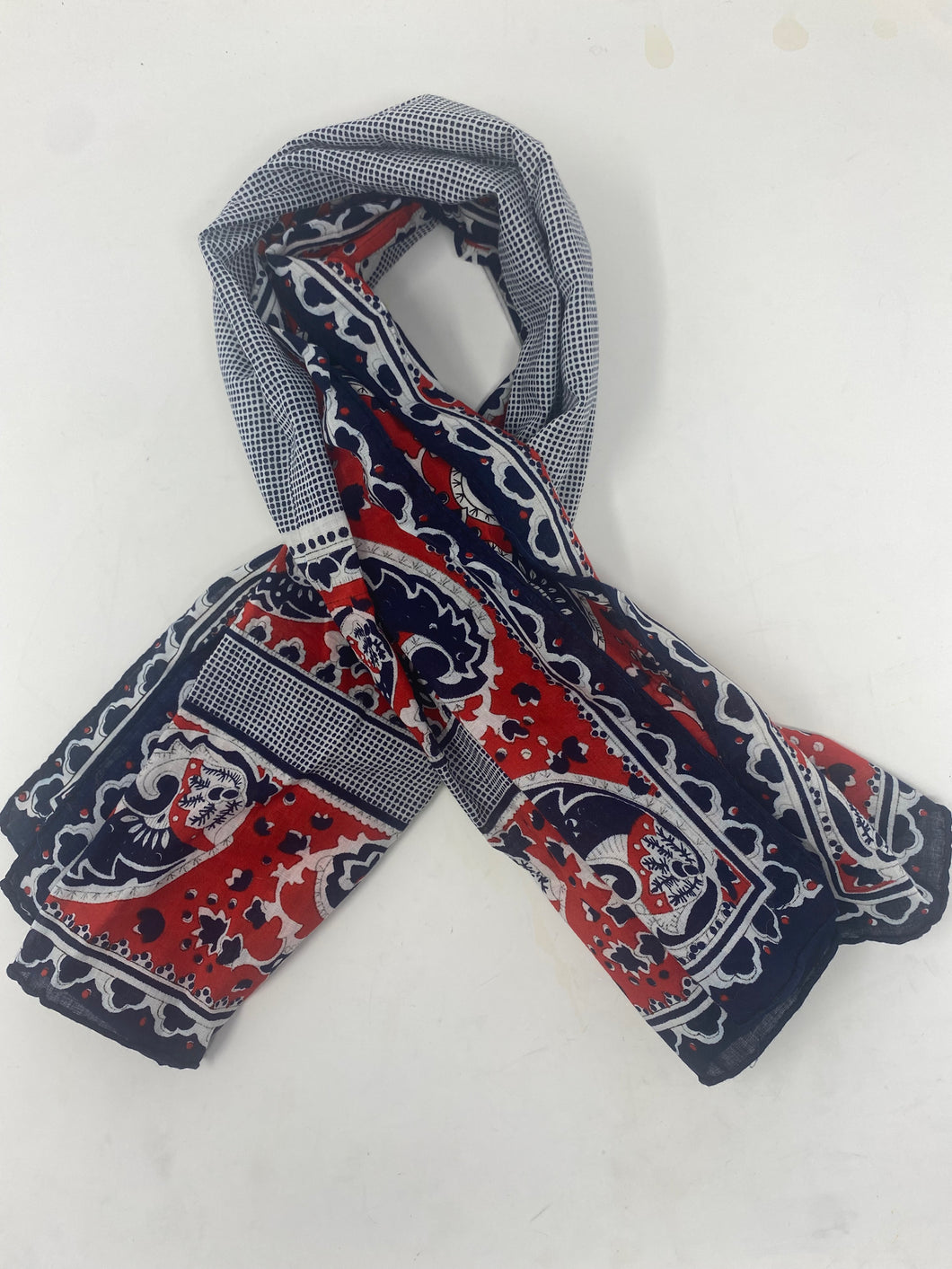 Christian Dior Red Navy White Paisley Cotton Dress Scarf