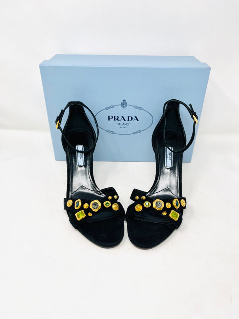 Prada 39 Black Suede Gold Rhinestone Ankle Strap Sandals