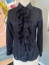 Load image into Gallery viewer, Anne Fontaine Size 38 Black Stretch Cotton Ruffle Front Blouse NWT
