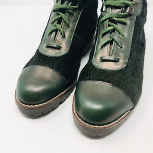 Kenzo 38 Olive Green Leather Calf Hair Combat Boots 2400-531-12220