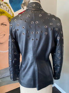 St. John Gunmetal Leather Silver Grommets Jacket