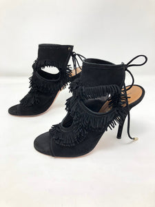 Aquazzura 36 Black Suede Leather Fringe Sandals 1-416-61321