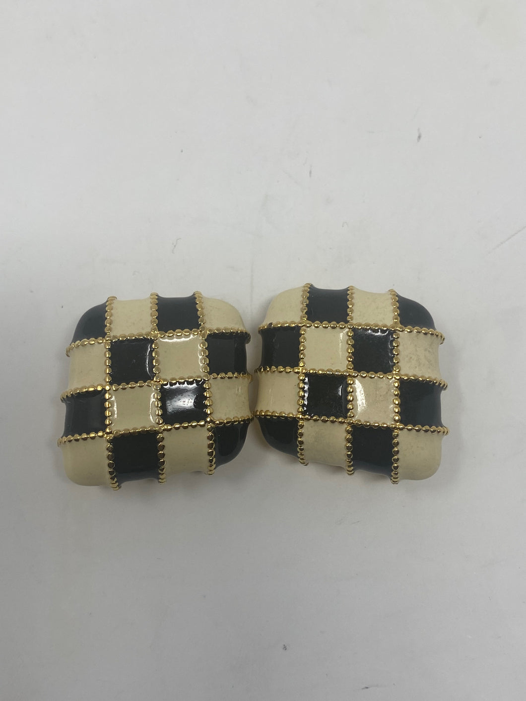 St. John Diamond Shape Black Ivory Gold Harlequin Clip On Earrings