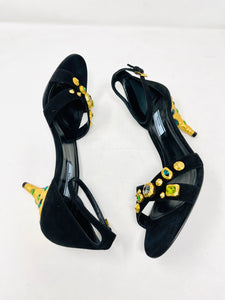 Prada 39 Black Suede Gold Rhinestone Ankle Strap Sandals