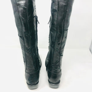 Gianni Barbato 37 Black Leather Embroidered Flower Knee High Boots 11-4-20