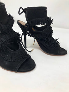 Aquazzura 36 Black Suede Leather Fringe Sandals 1-416-61321