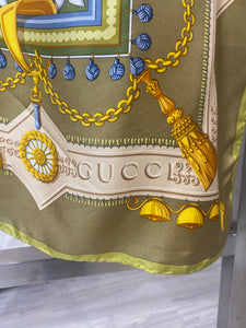 Gucci Lime Green Gold Silk Tassel Silk Scarf