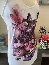 Load image into Gallery viewer, Religion Sz M White Rayon Purple Skull Flower T-shirt 2400-881-3922
