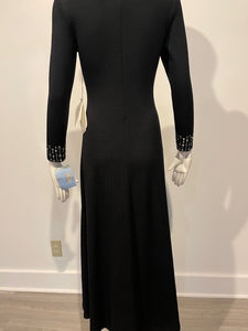 St. John Size 0 Black Santana Knit Beaded Long Sleeve Gown Dress