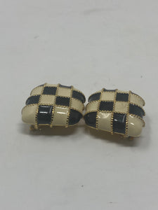 St. John Diamond Shape Black Ivory Gold Harlequin Clip On Earrings