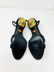 Prada 39 Black Suede Gold Rhinestone Ankle Strap Sandals