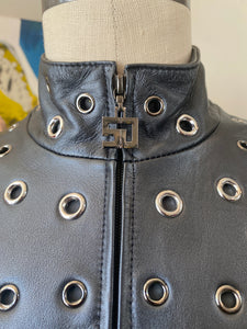 St. John Gunmetal Leather Silver Grommets Jacket